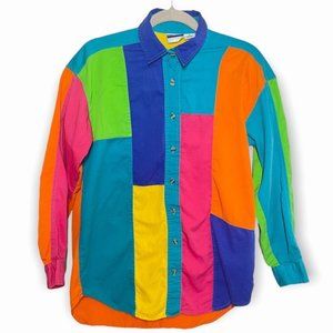 Y2K 90s Vintage Vibrant Colorblock Button Long Sleeve Shirt 100% Cotton Medium